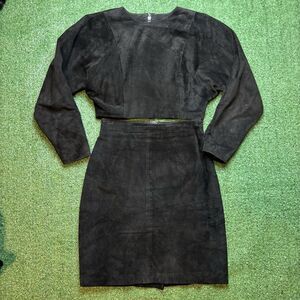Vintage Michael Hoban North Beach Suede Leather  Crop Jacket & Skirt Black SZ S